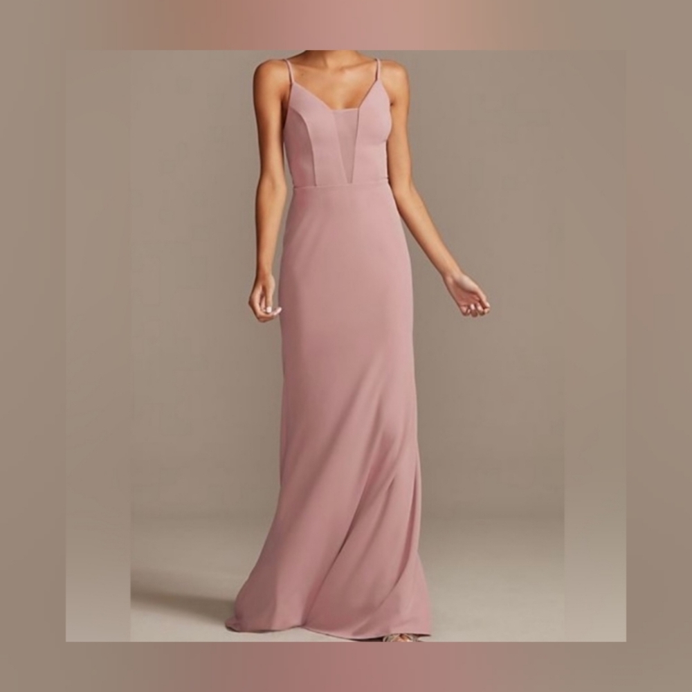 David's Bridal (DB) Studio Skinny Strap Deep V Stretch Crepe Formal Gown NWT